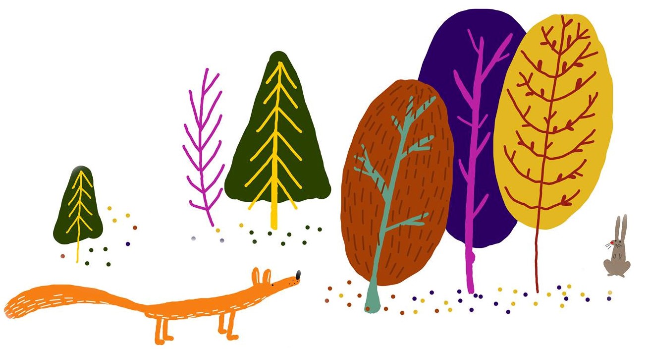 ilustrace liška v lese
